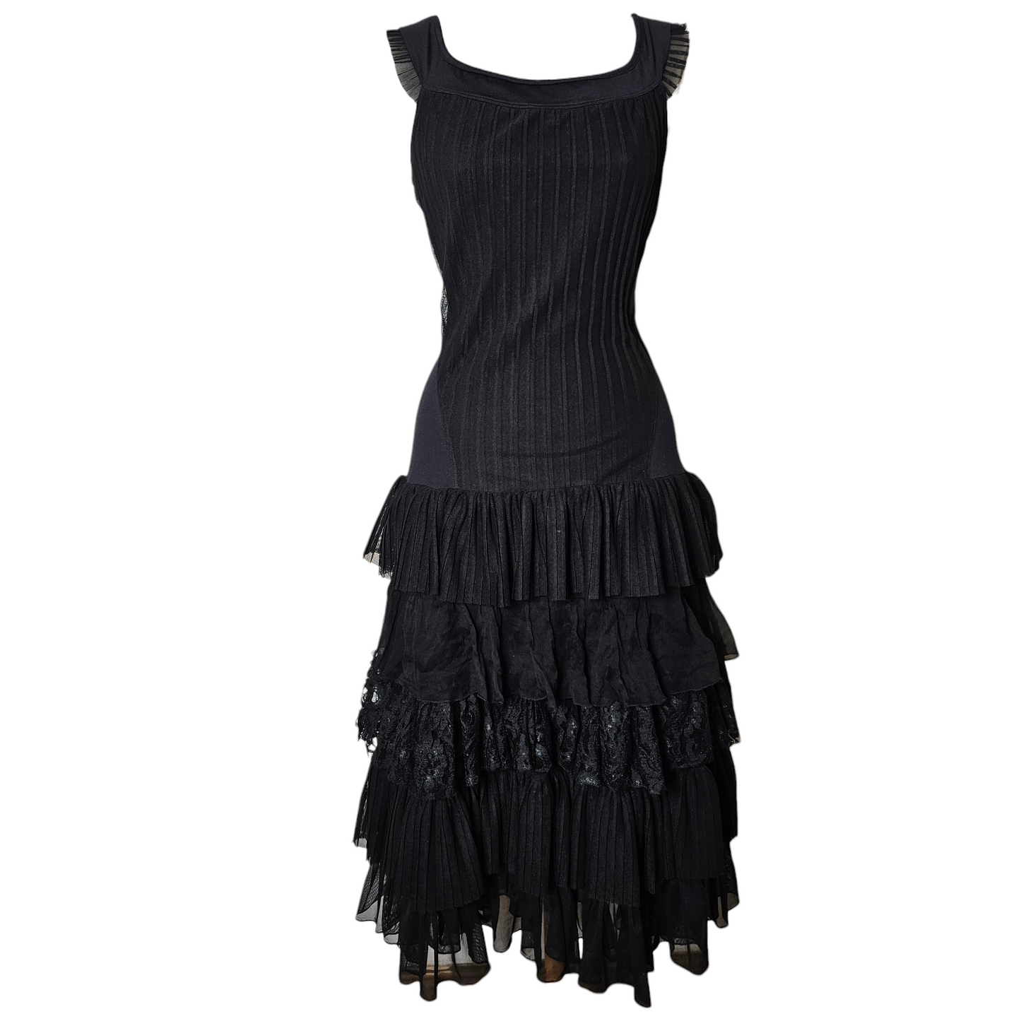 Black vintage ruffled dress with sheer layers and lace details, elegant gothic fairycore silhouette by Lucid Dream 2007