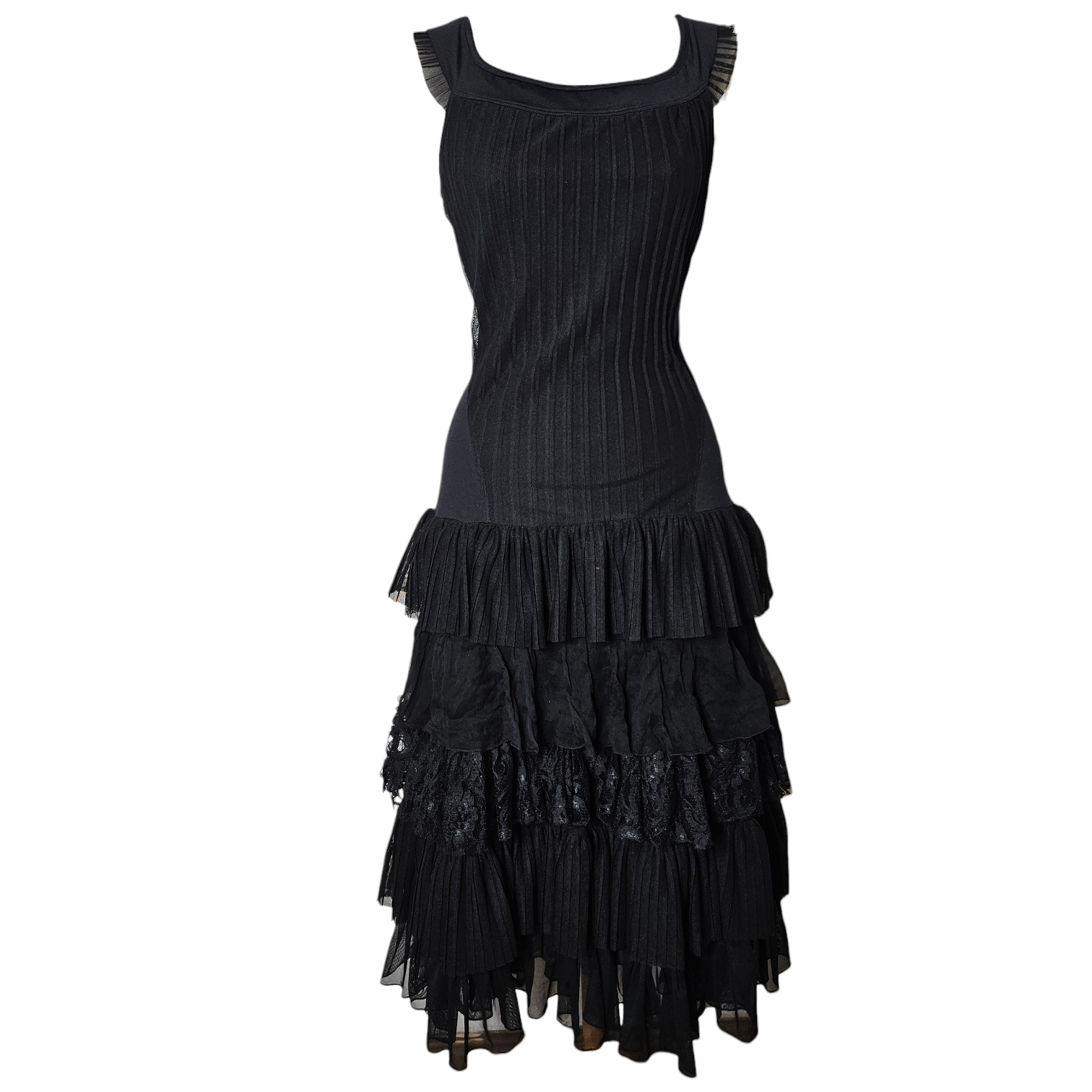 Black vintage ruffled dress with sheer layers and lace details, elegant gothic fairycore silhouette by Lucid Dream 2007