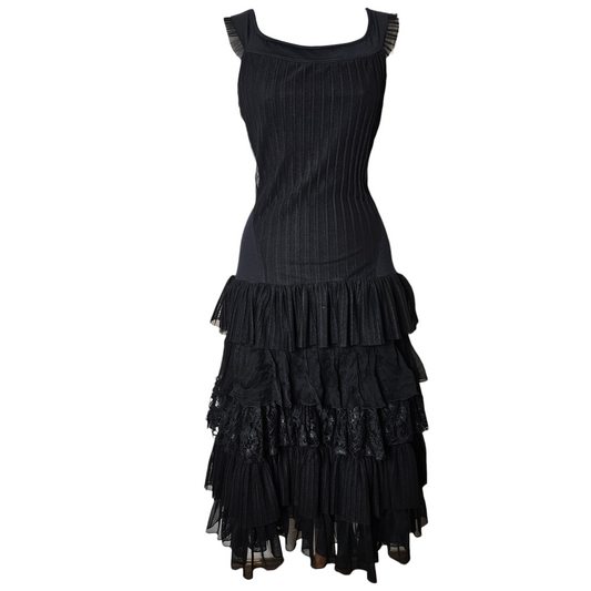 Black vintage ruffled dress with sheer layers and lace details, elegant gothic fairycore silhouette by Lucid Dream 2007