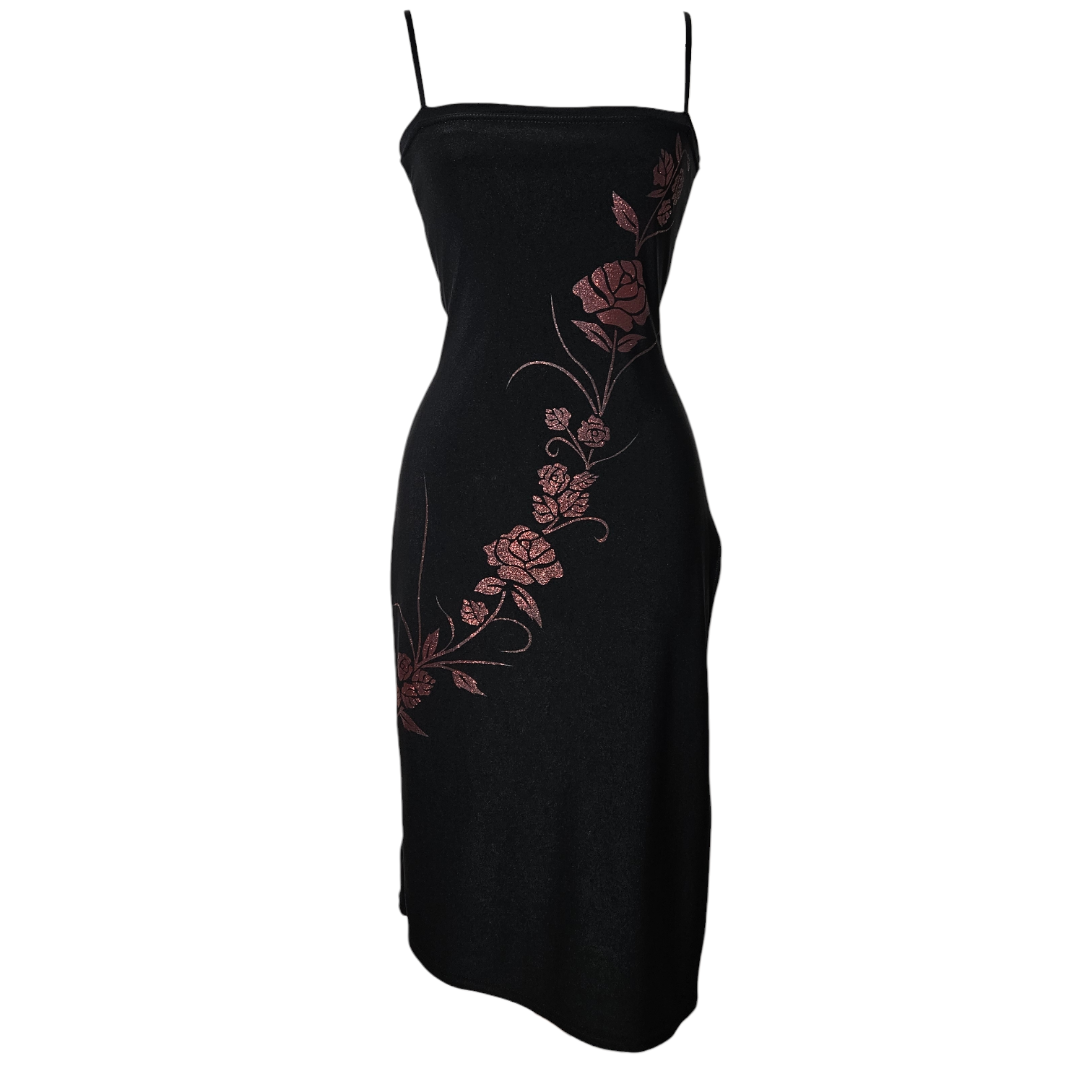 Vintage black midi dress with delicate straps and burgundy floral detailing, fitted silhouette with a dark romantic Y2K aesthetic by Lucid Dream 2007