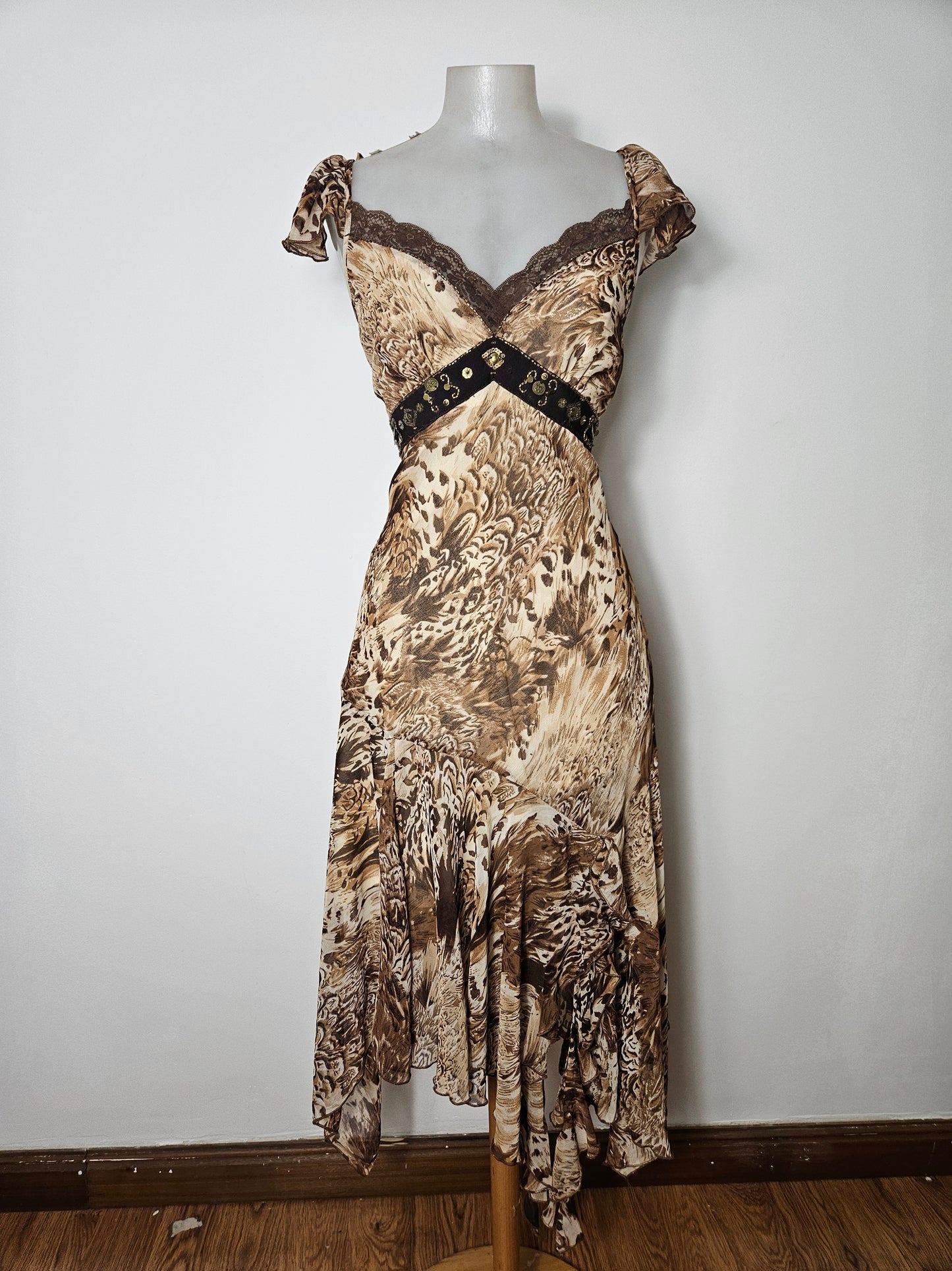 Beige and brown floral chiffon dress