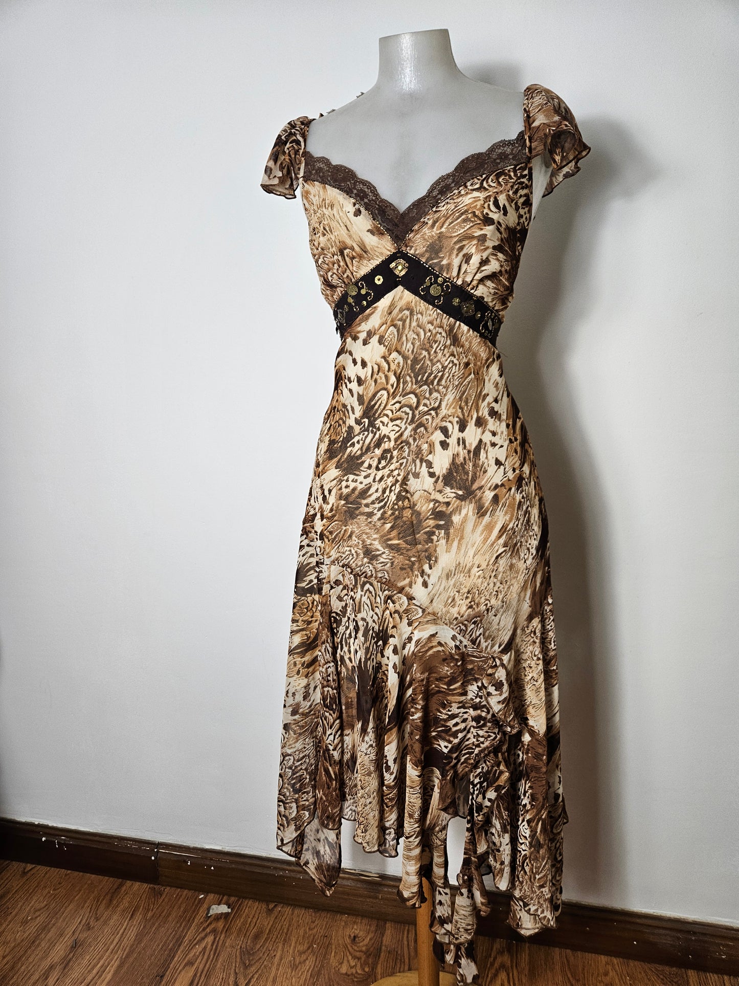 Beige and brown floral chiffon dress