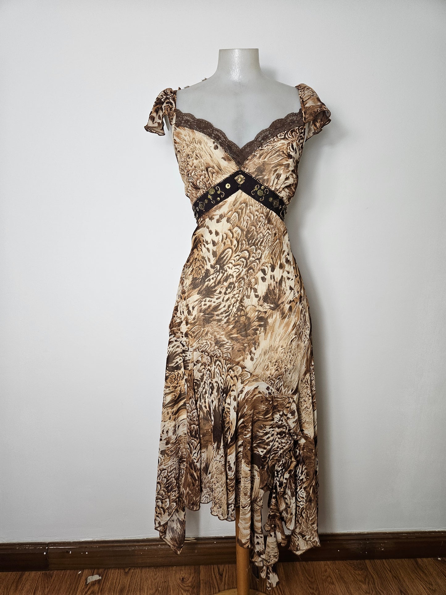 Beige and brown floral chiffon dress