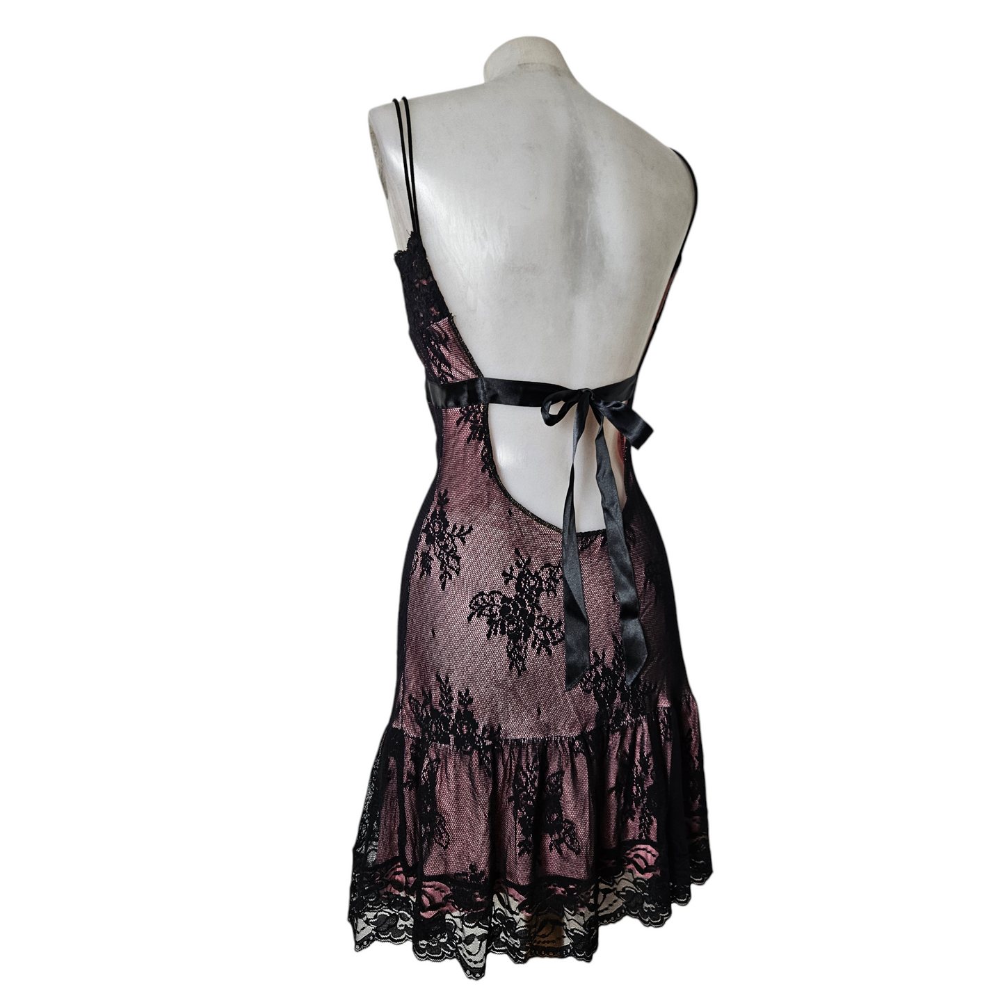 Pink and black lace mini dress with open back and satin tie, romantic y2k fairycore lingerie-inspired silhouette, soft gothic reverie by Lucid Dream 2007
