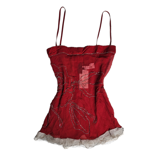 Vintage red beaded corset-style top with delicate silver embroidery and sheer mesh hem, iconic early 2000s fairycore and y2k aesthetic by Lucid Dream 2007