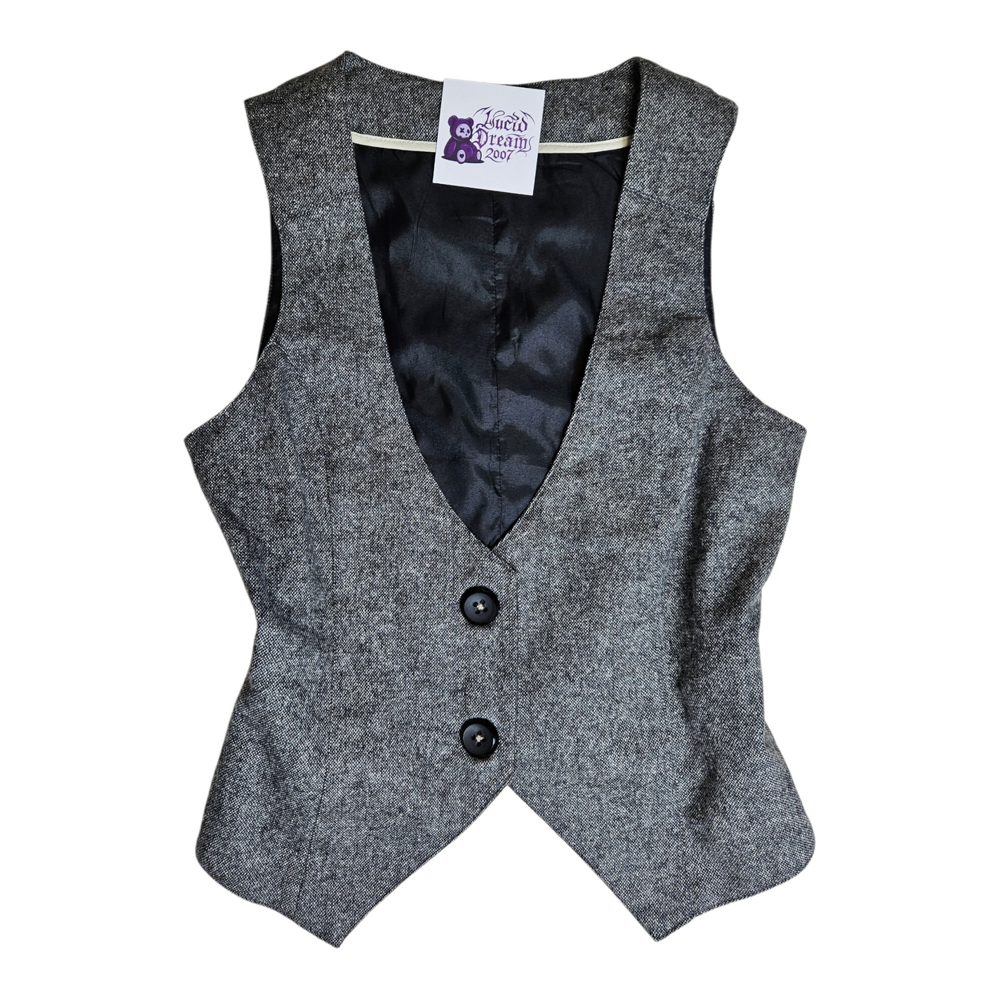 Vintage grey wool blend vest with tailored fit and V neckline, minimalist chic piece with Y2K and dark academia vibes, by Lucid Dream 2007