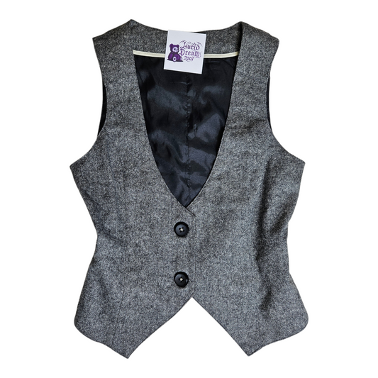 Vintage grey wool blend vest with tailored fit and V neckline, minimalist chic piece with Y2K and dark academia vibes, by Lucid Dream 2007