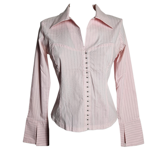 Soft pink vintage Y2K blouse with a corset-inspired fit, subtle shimmer stripes and hook front closure, dreamy fairycore vibes by Lucid Dream 2007