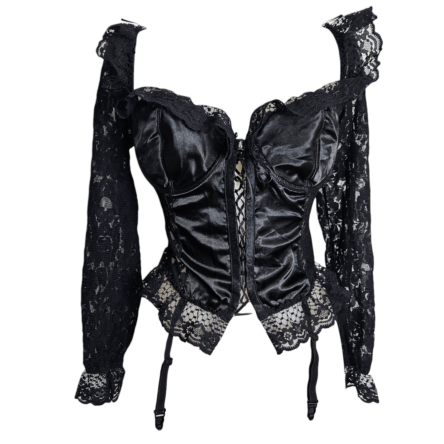 Black lace corset top with satin panels, long lace sleeves and garter straps, dark y2k gothic fairycore lingerie vibe by Lucid Dream 2007