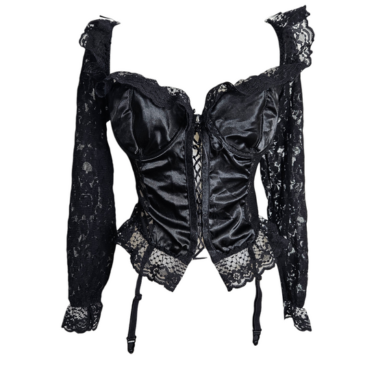 Black lace corset top with satin panels, long lace sleeves and garter straps, dark y2k gothic fairycore lingerie vibe by Lucid Dream 2007