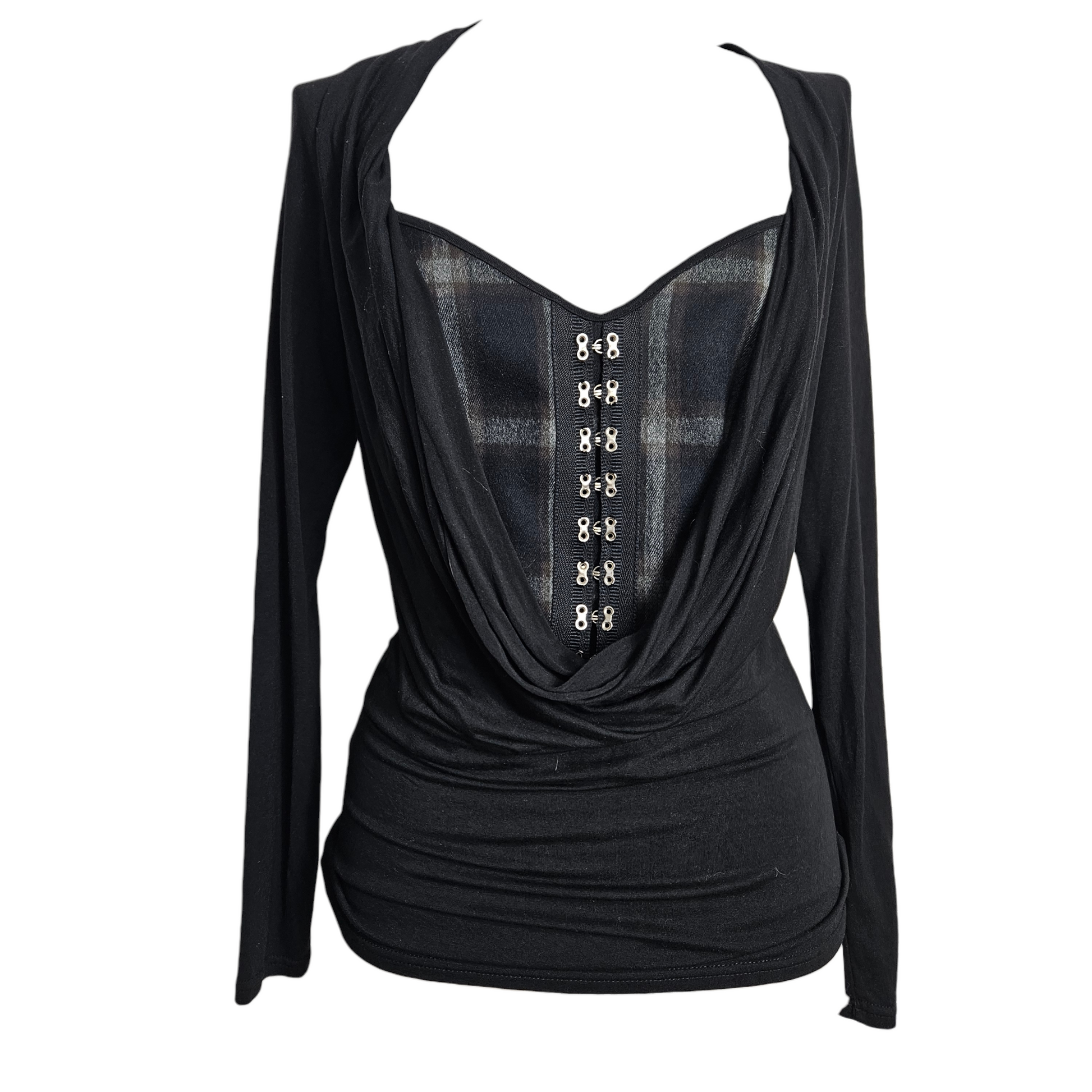 Black draped long sleeve top with corset-style front panel and metal eyelet details, dark Y2K gothic and clubwear aesthetic.