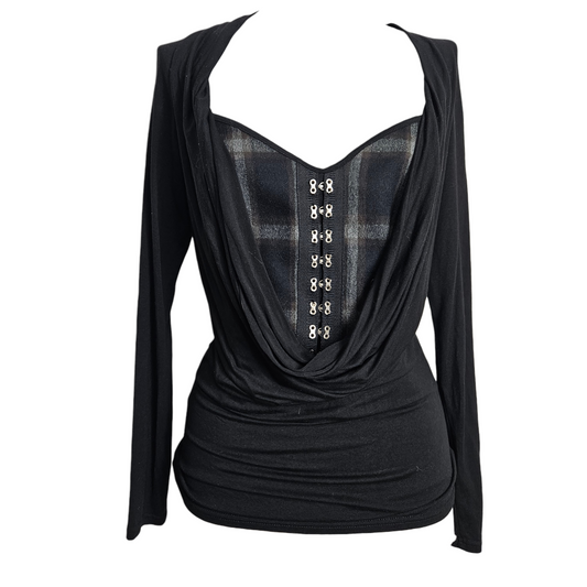 Black draped long sleeve top with corset-style front panel and metal eyelet details, dark Y2K gothic and clubwear aesthetic.
