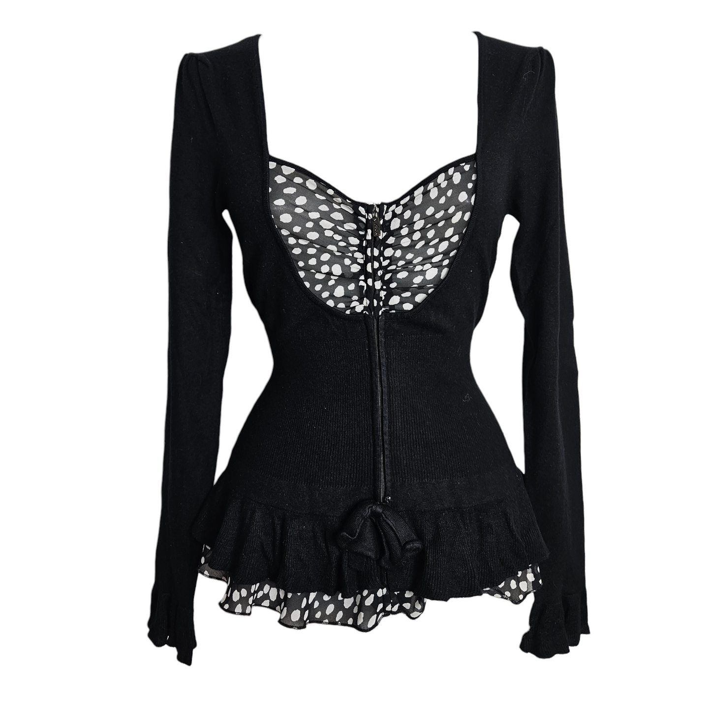 Black vintage fitted top with polka dot bust detail, zip front and ruffled hem, y2k fairycore gothic silhouette by Lucid Dream 2007