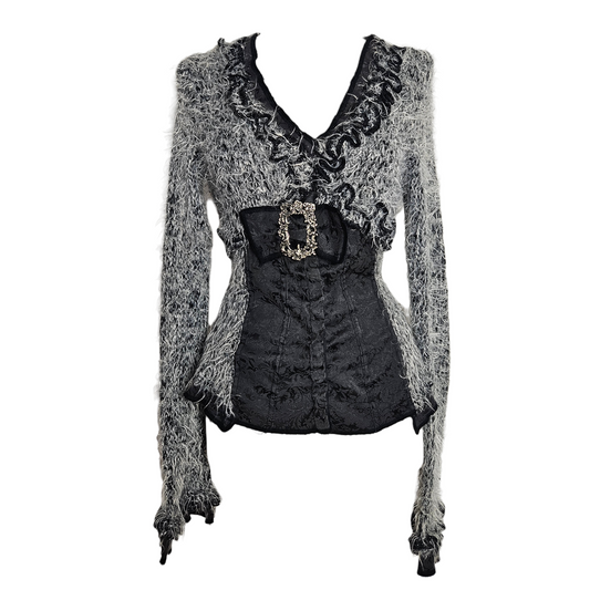 Textured grey and black corset cardigan with fuzzy knit sleeves and ornate buckle, dark y2k whimsigoth fairycore layering piece by Lucid Dream 2007
