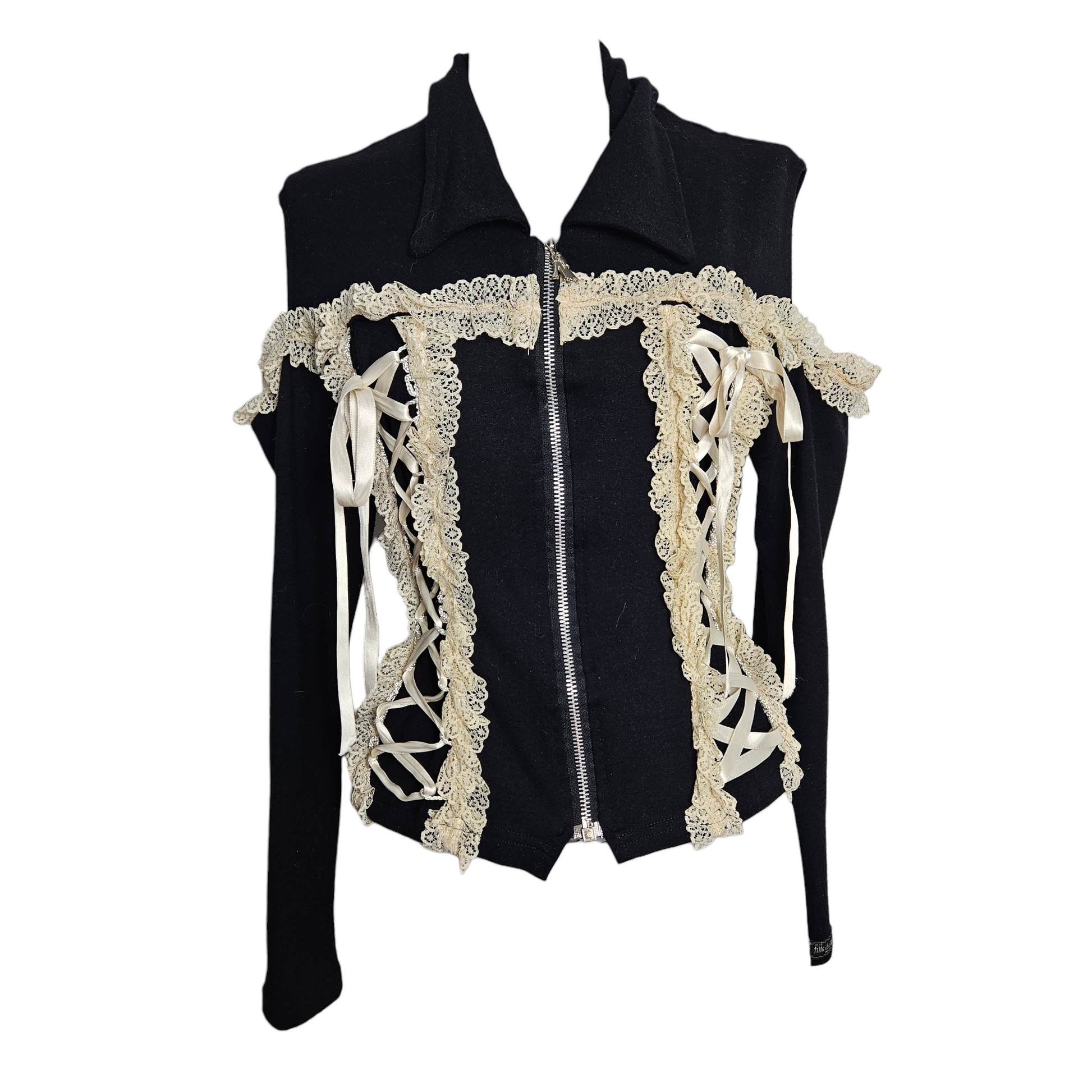 Black cropped jacket with lace trim and corset-style ribbon details, romantic y2k gothic fairycore vibe with delicate contrast by Lucid Dream 2007