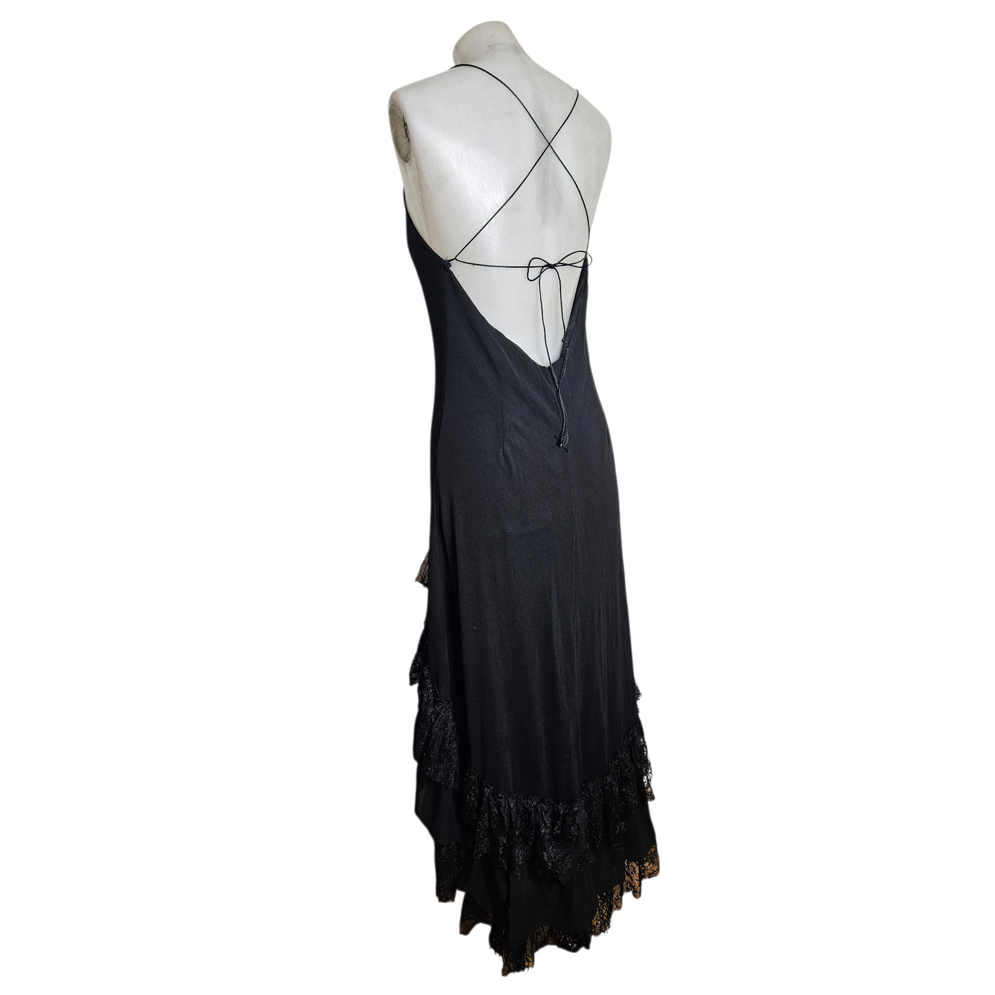 Black vintage slip dress with lace ruffle hem and open back, delicate spaghetti straps and gothic fairycore vibe, by Lucid Dream 2007
