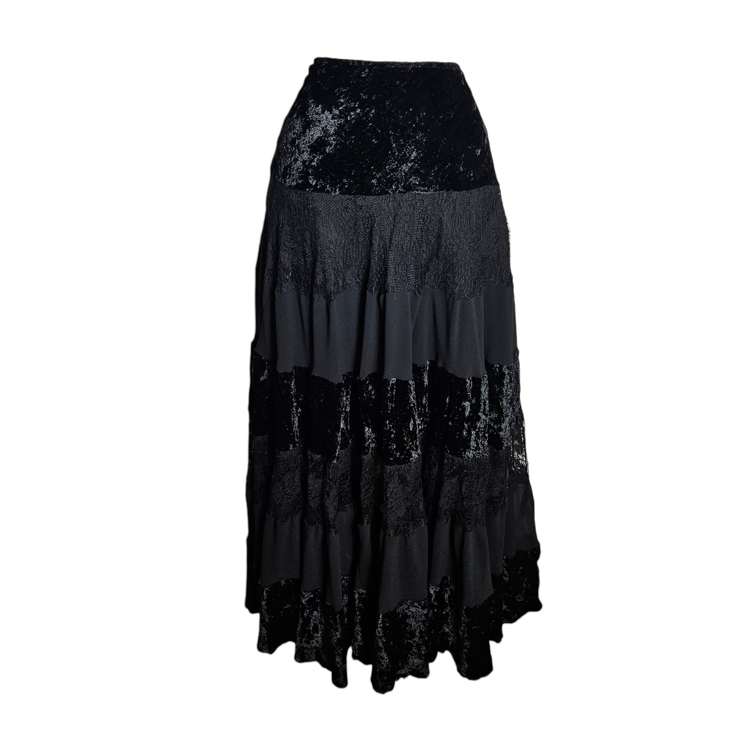 Black layered maxi skirt with velvet waist and lace panels, dark romantic y2k whimsigoth fairycore mood, flowing vintage silhouette by Lucid Dream 2007