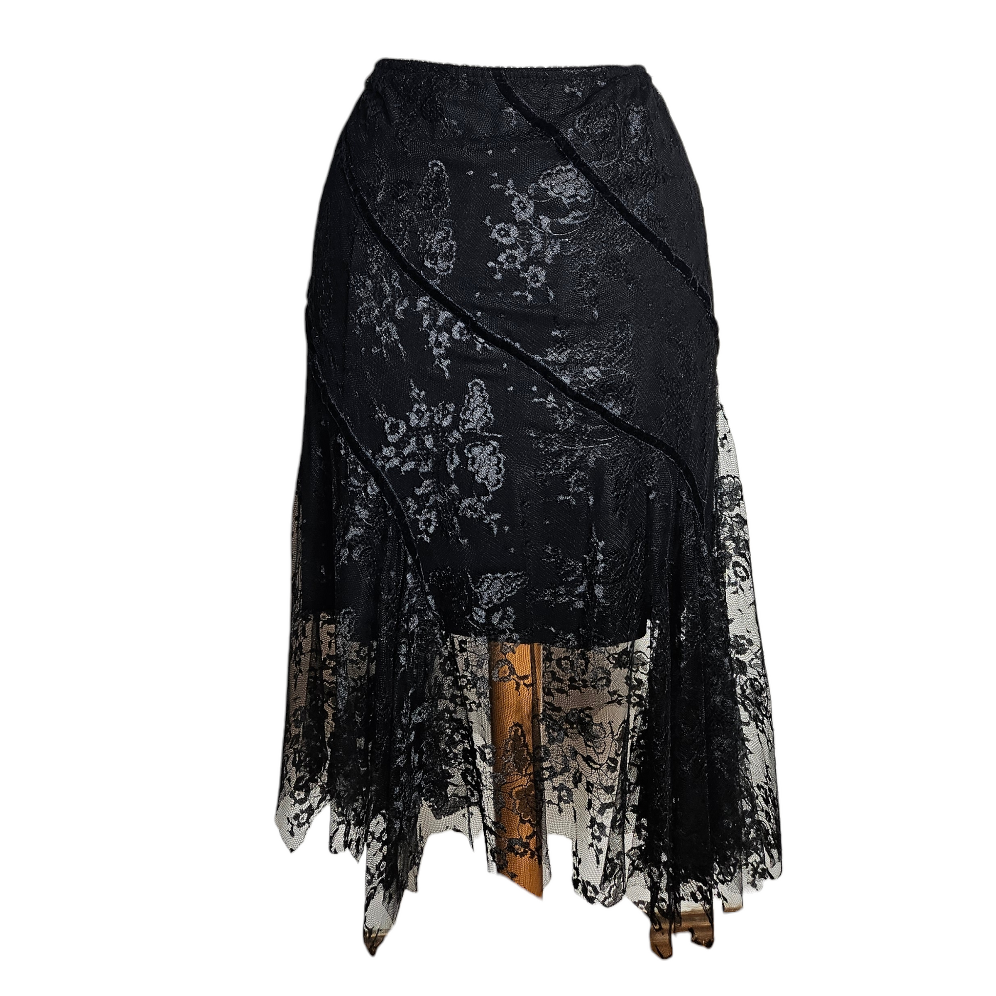 Black lace midi skirt with sheer floral panels and asymmetrical hem, elegant vintage Italian piece with a dark romantic y2k and whimsigoth vibe by Lucid Dream 2007.