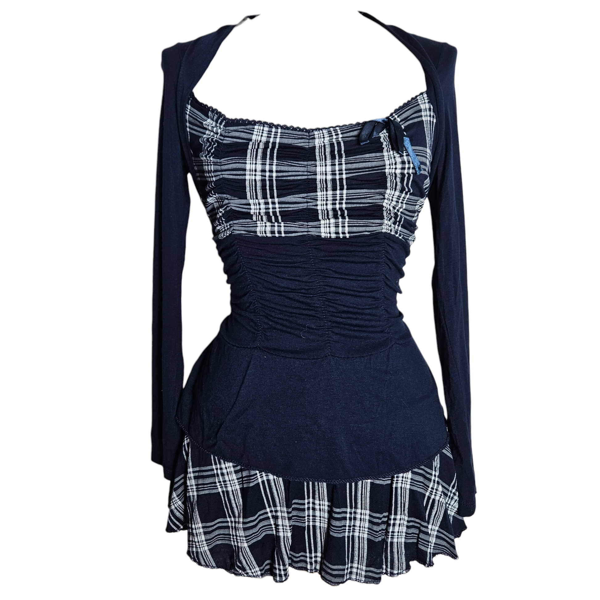Navy plaid top  with ruched waist and long sleeves, y2k inspired silhouette with soft stretch fabric, feminine and nostalgic vibe by Lucid Dream 2007
