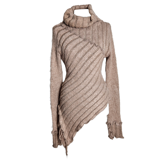 Asymmetrical beige ribbed turtleneck sweater with diagonal knit pattern, cozy y2k whimsigoth knitwear by Lucid Dream 2007