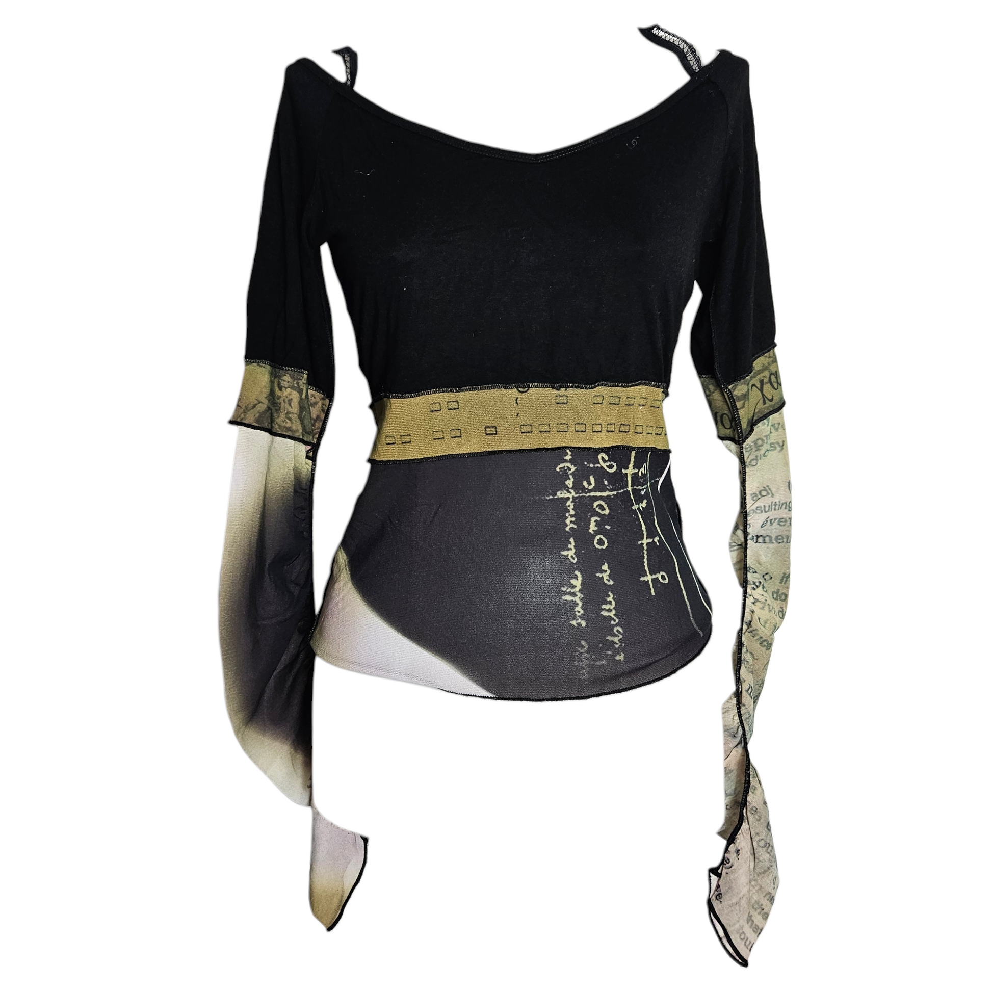 Vintage Y2K long sleeve mesh top with graphic print panels and flared sleeves, dark fairycore and cyber goth vibes by Lucid Dream 2007