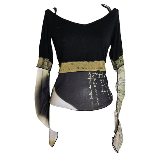 Vintage Y2K long sleeve mesh top with graphic print panels and flared sleeves, dark fairycore and cyber goth vibes by Lucid Dream 2007