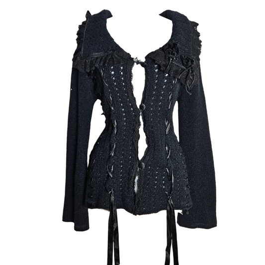 Black vintage knit cardigan with lace-up details and ribbon accents, dark fairycore and gothic y2k aesthetic by Lucid Dream 2007