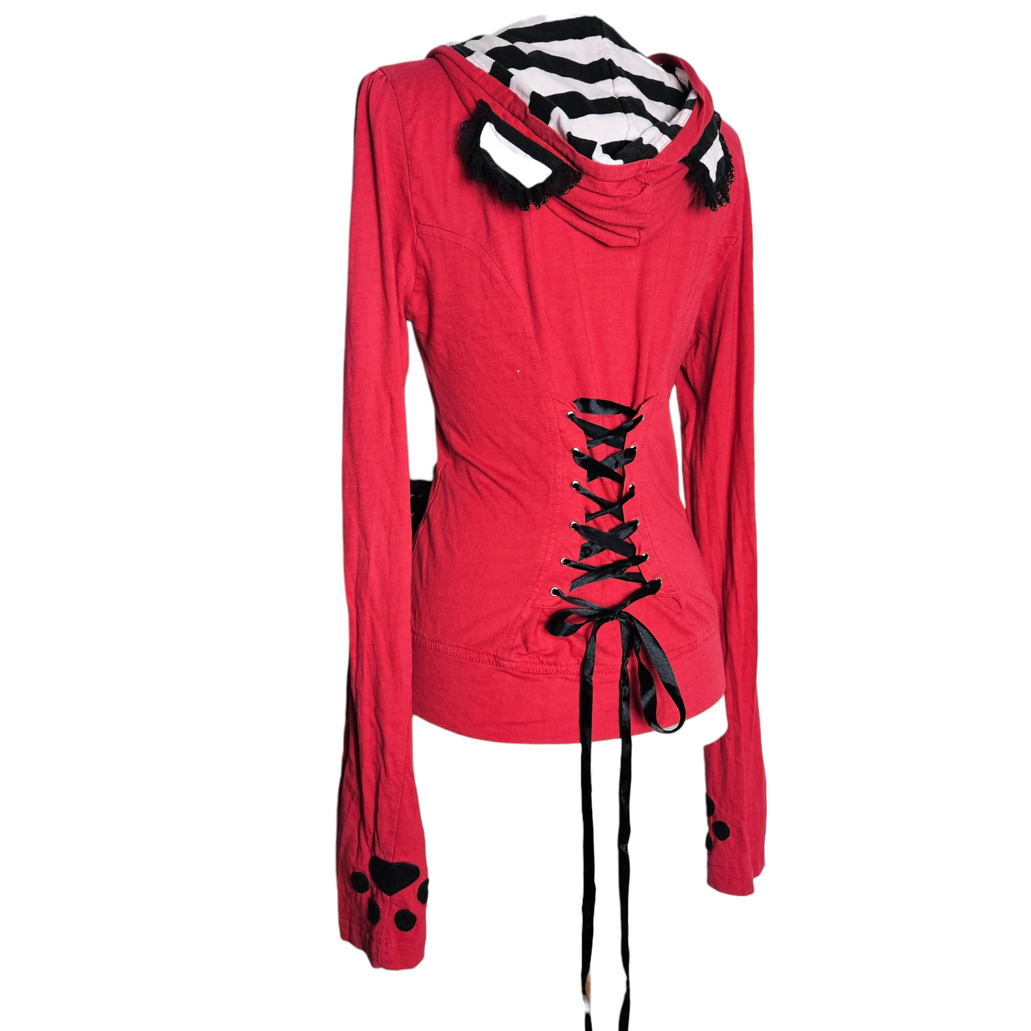 Red zip-up hoodie with lace-up back, striped hood lining and cute gothic details, y2k fairycore whimsigoth vibe by Lucid Dream 2007
