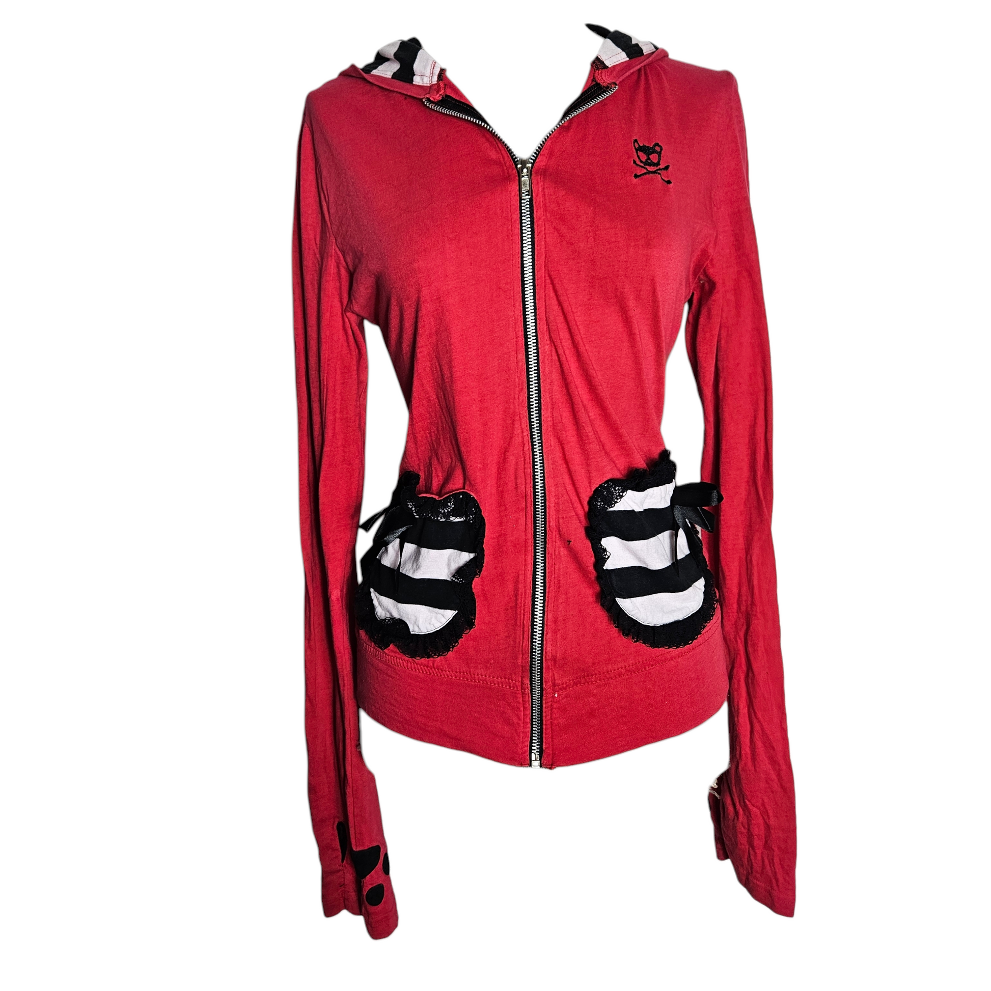 Red zip-up hoodie with lace-up back, striped hood lining and cute gothic details, y2k fairycore whimsigoth vibe by Lucid Dream 2007