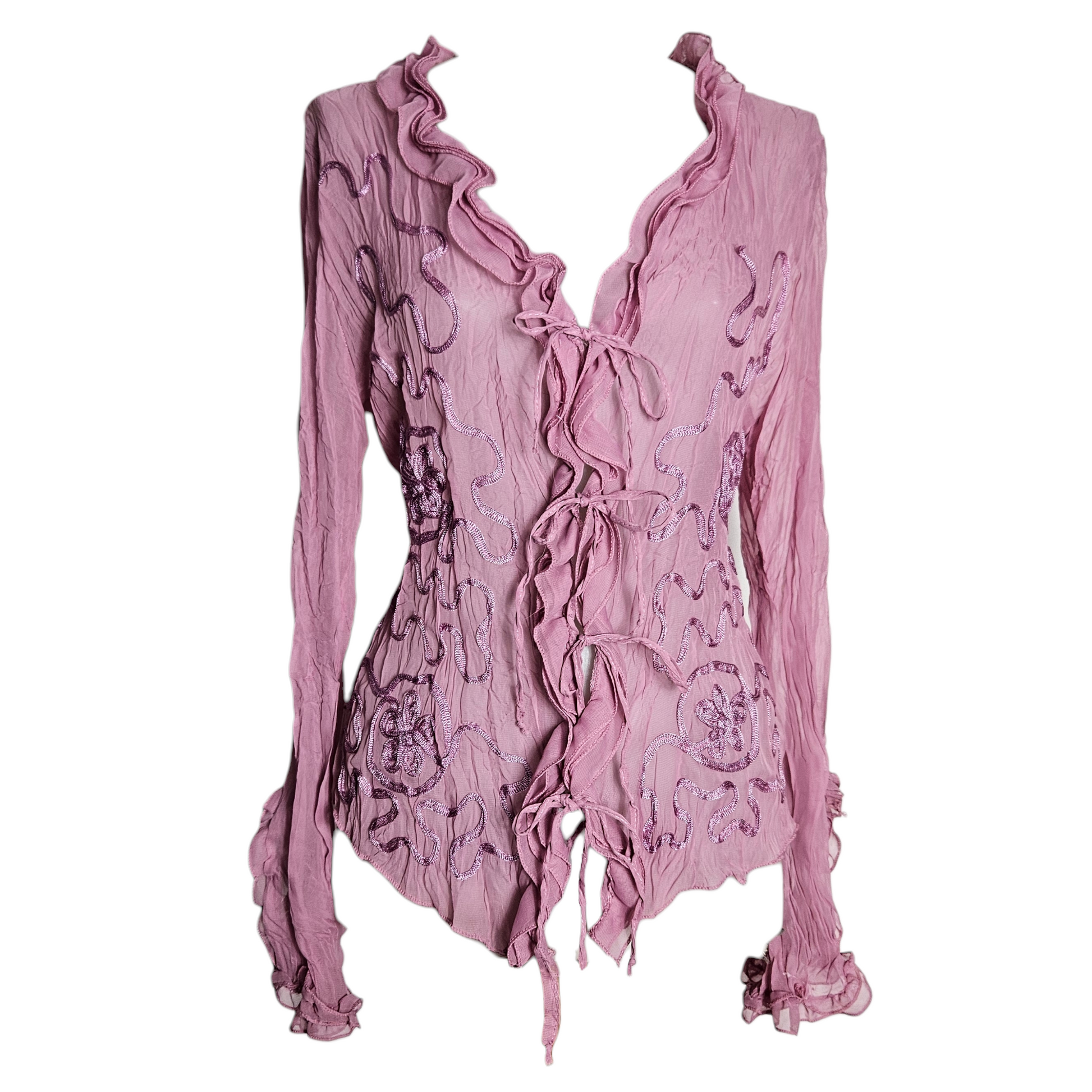 Sheer pink embroidered blouse with ruffled neckline and tie front, fairycore and romantic vintage aesthetic by Lucid Dream 2007