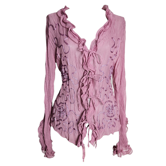 Sheer pink embroidered blouse with ruffled neckline and tie front, fairycore and romantic vintage aesthetic by Lucid Dream 2007