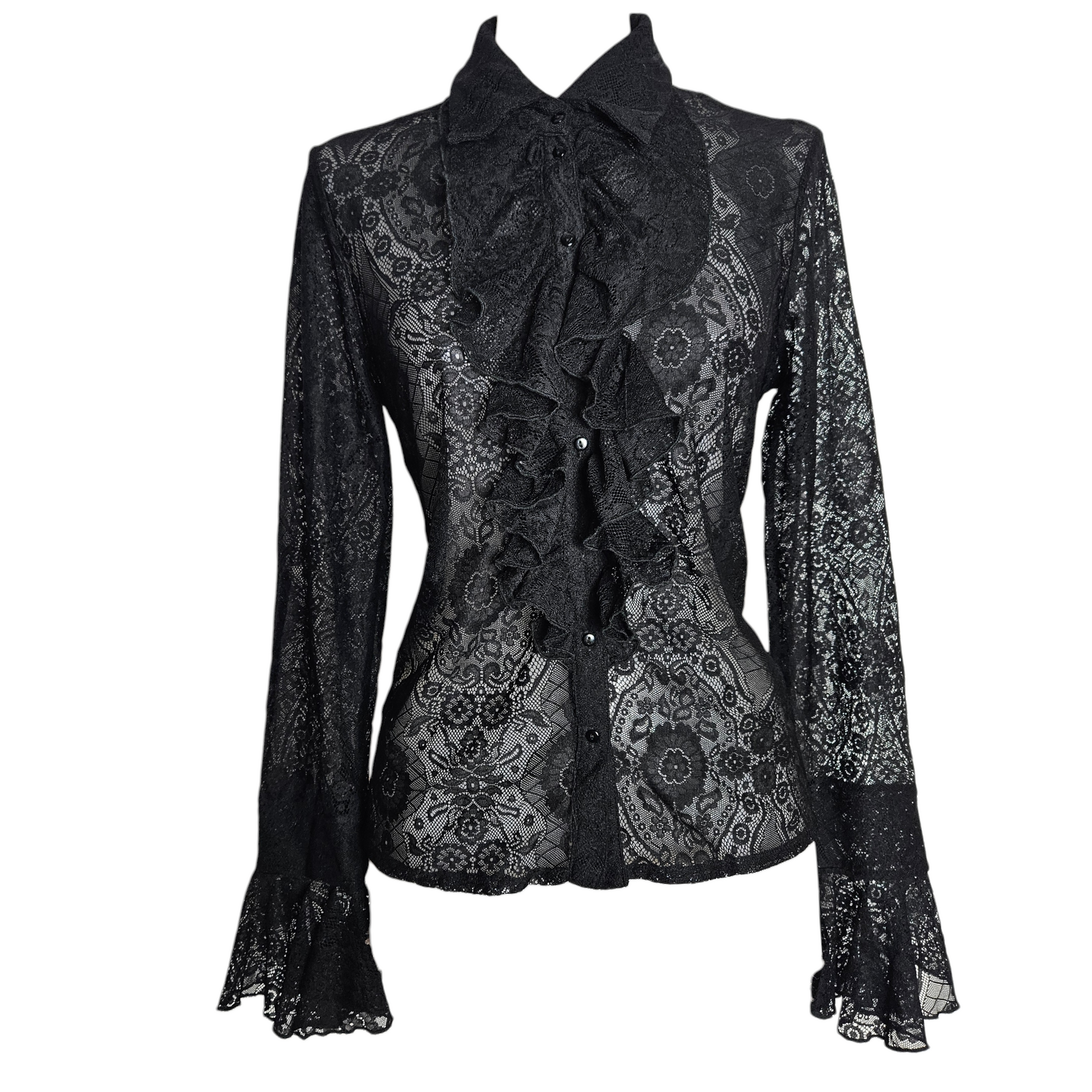 Black vintage lace blouse with ruffled front and flared sleeves, sheer gothic Y2K top with romantic whimsigoth elegance by Lucid Dream 2007