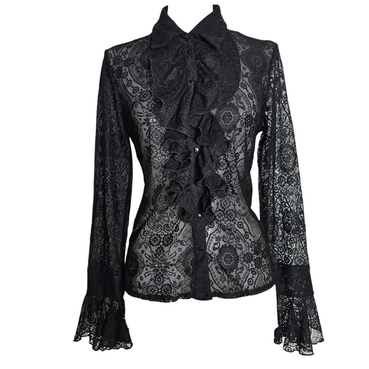Black vintage lace blouse with ruffled front and flared sleeves, sheer gothic Y2K top with romantic whimsigoth elegance by Lucid Dream 2007
