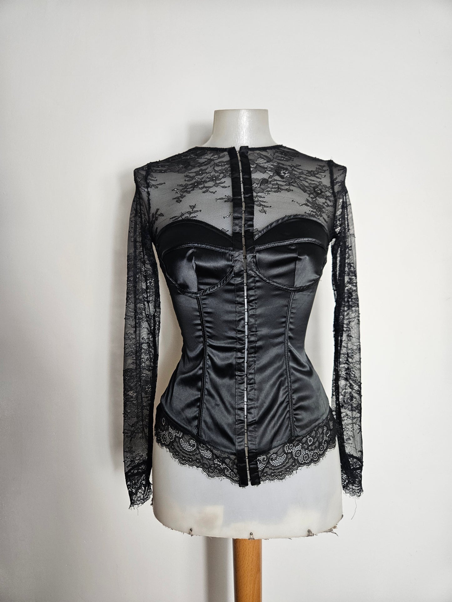 Lace and satin blouse with hook-and-eye closure