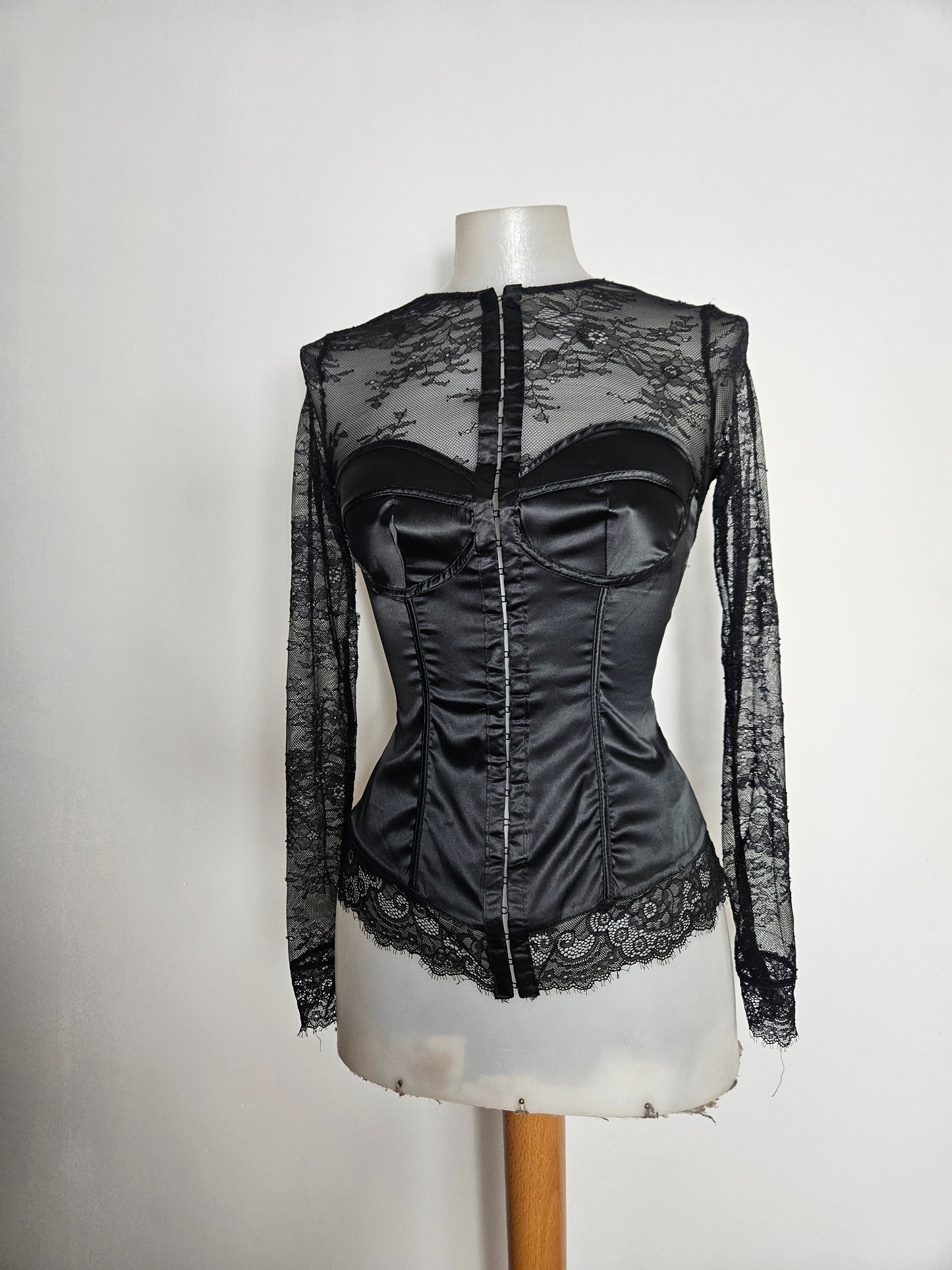 Lace and satin blouse with hook-and-eye closure