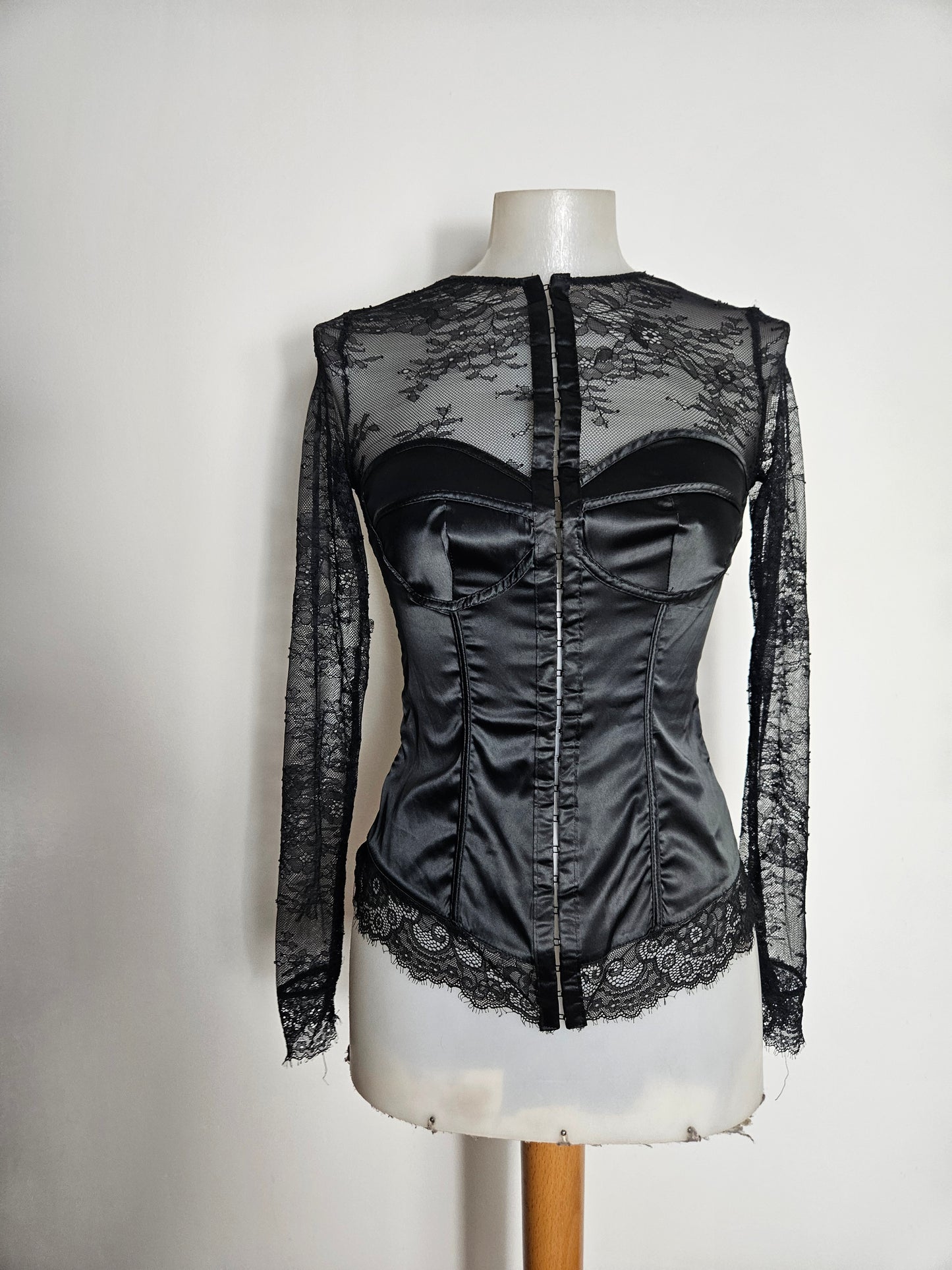 Lace and satin blouse with hook-and-eye closure