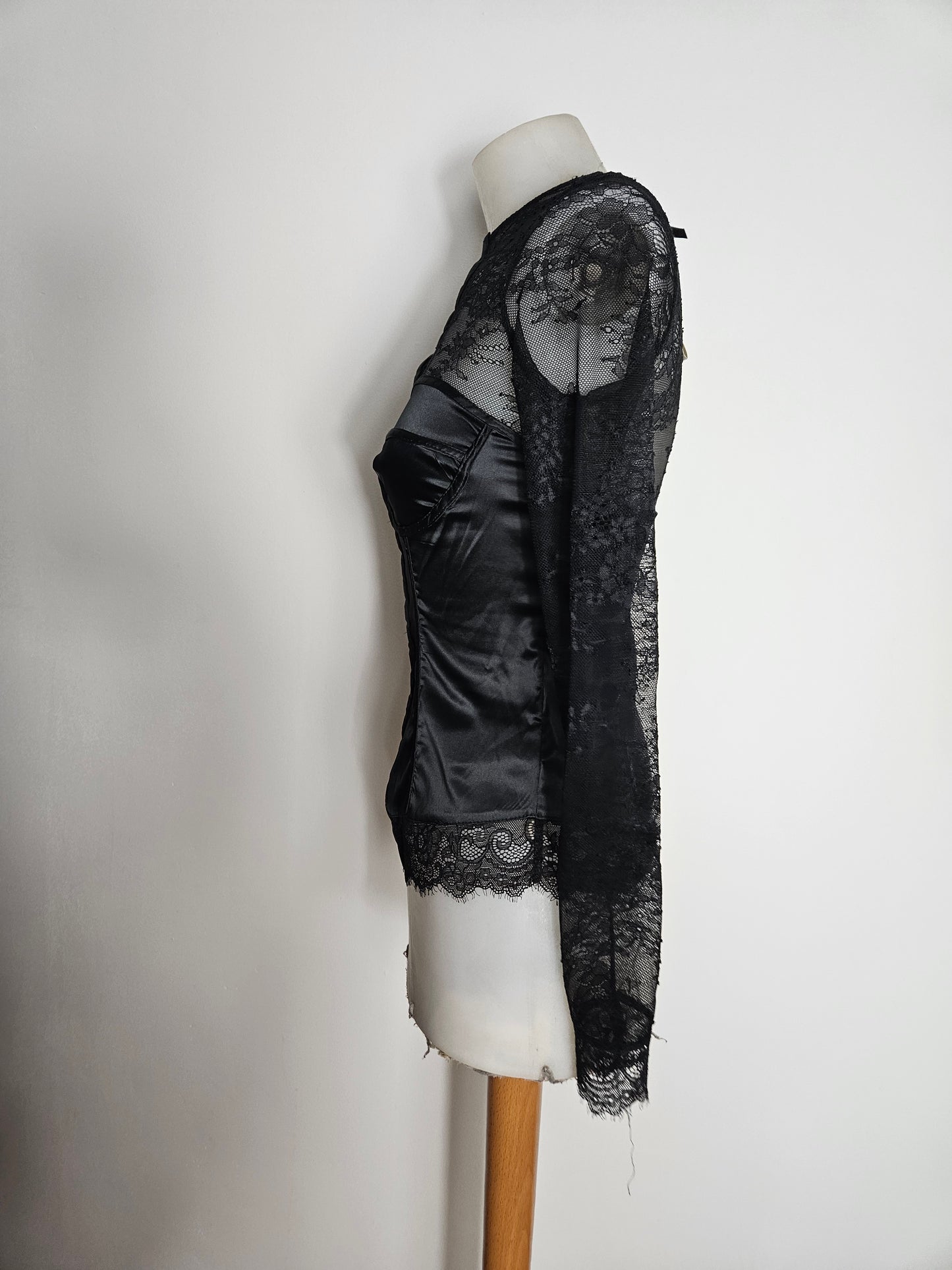 Lace and satin blouse with hook-and-eye closure