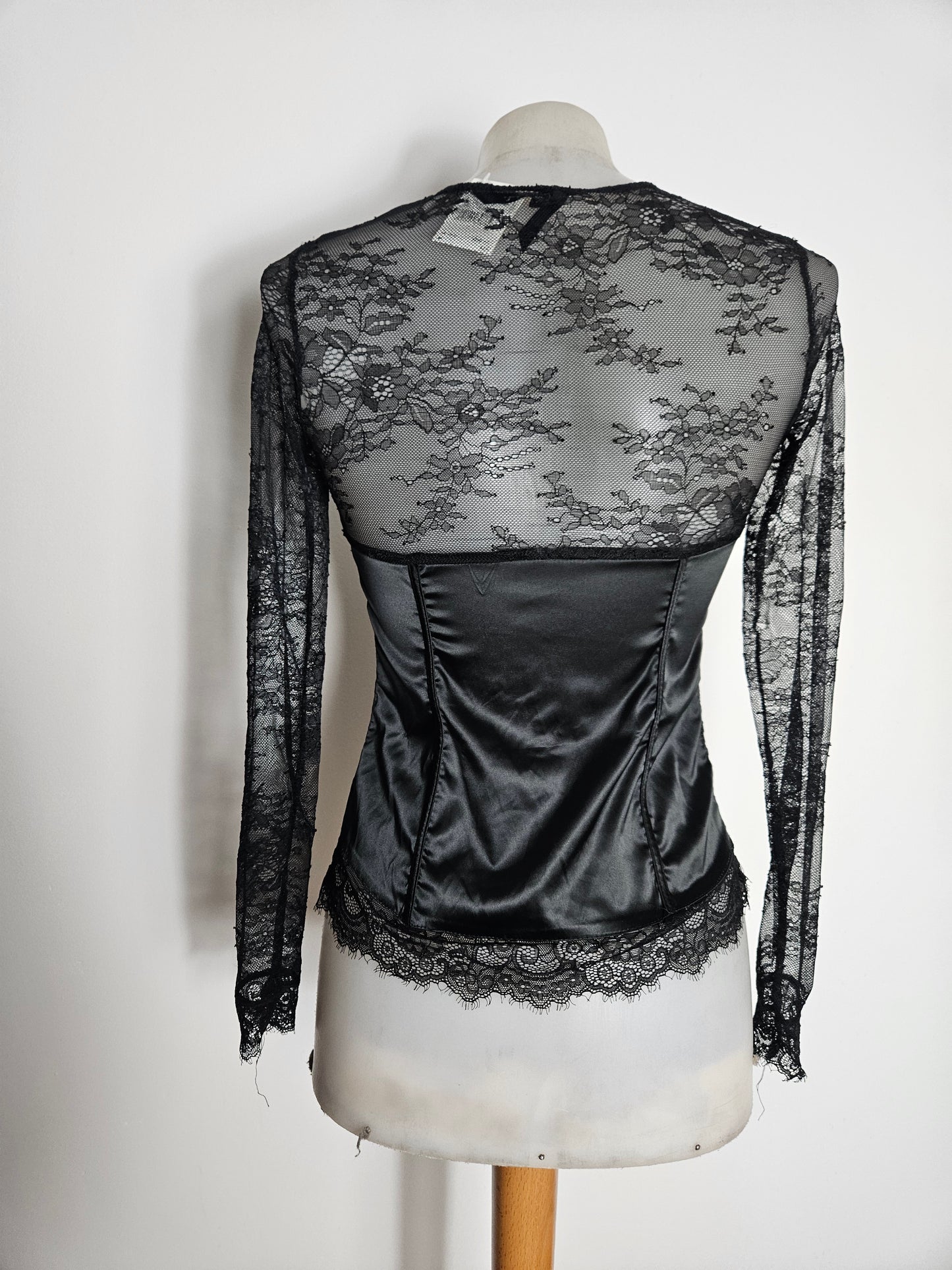 Lace and satin blouse with hook-and-eye closure