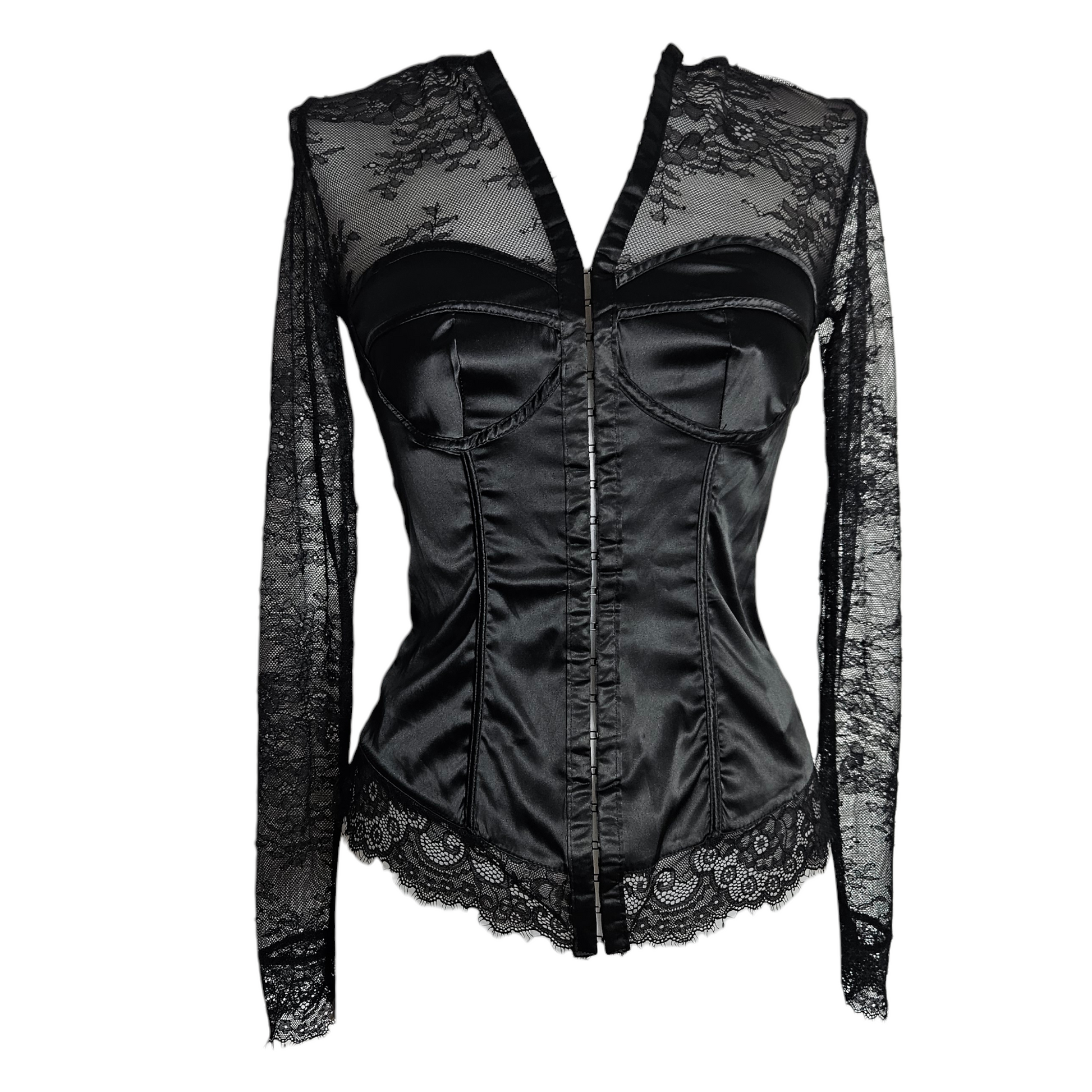 Black lace corset top with sheer long sleeves and satin body, dark Y2K lingerie-inspired silhouette with gothic and whimsigoth vibes by Lucid Dream 2007