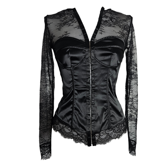 Black lace corset top with sheer long sleeves and satin body, dark Y2K lingerie-inspired silhouette with gothic and whimsigoth vibes by Lucid Dream 2007