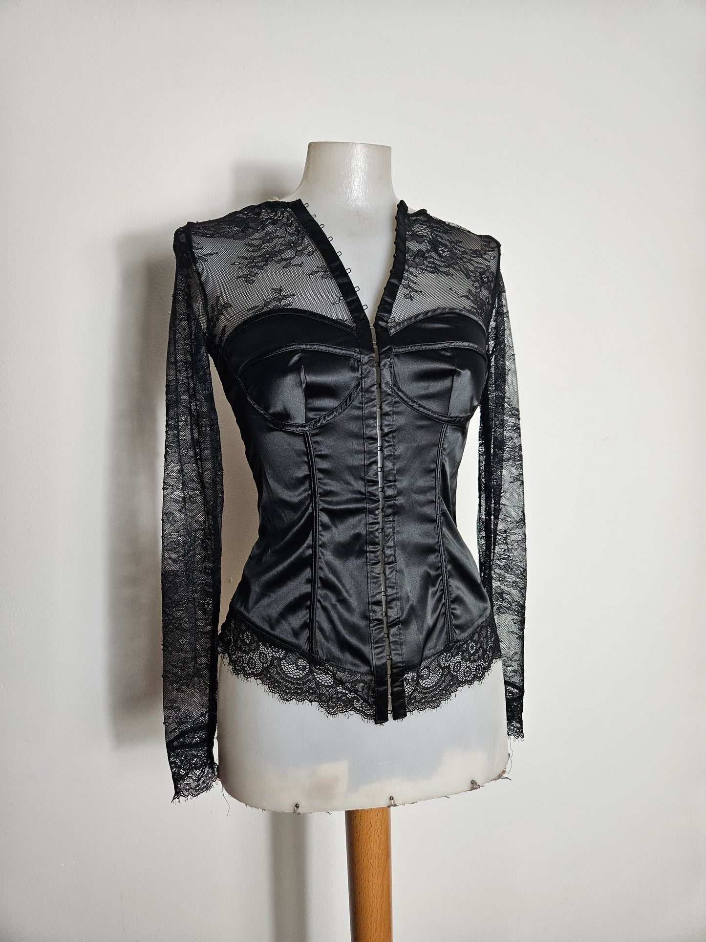 Lace and satin blouse with hook-and-eye closure