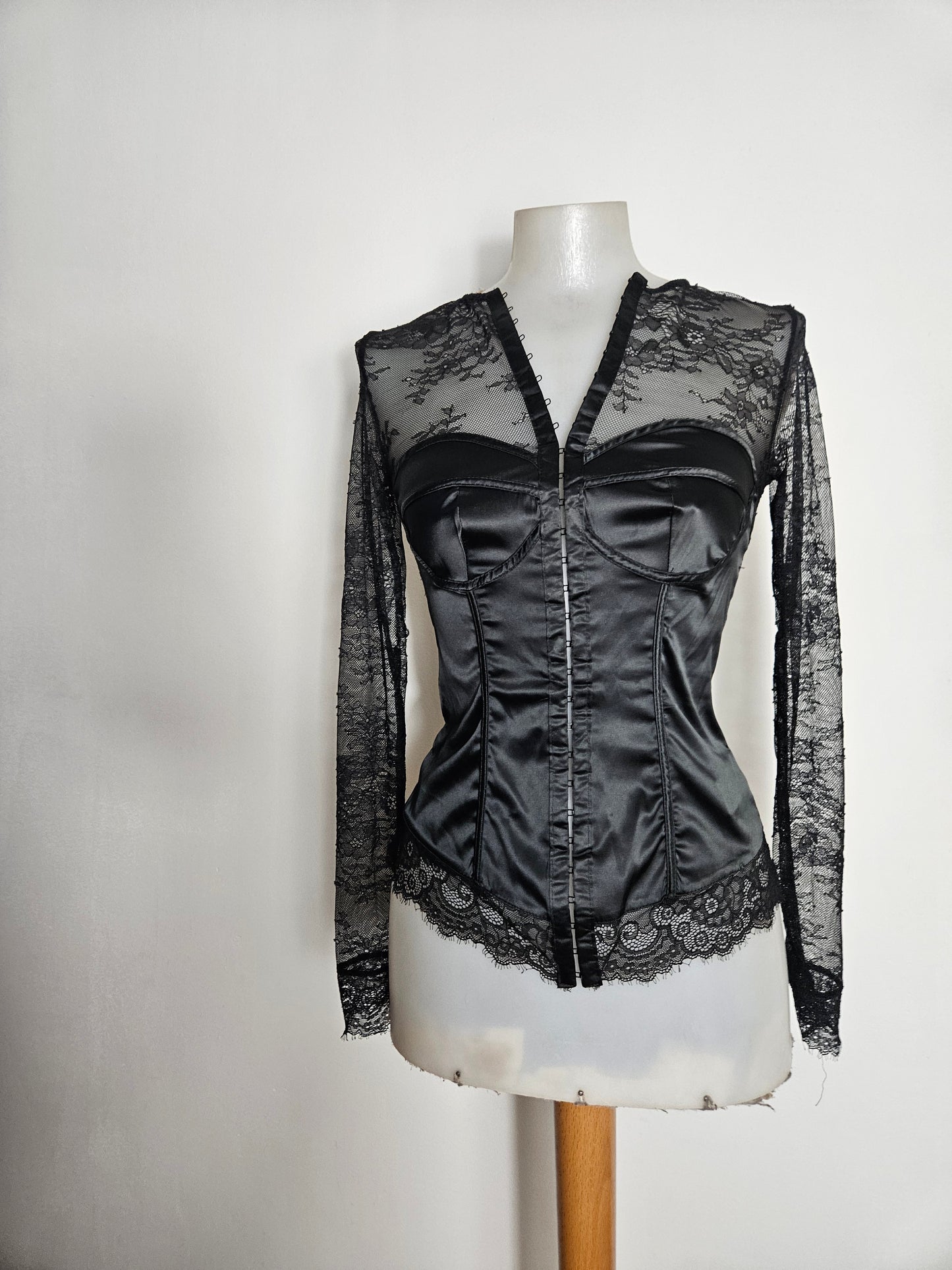 Lace and satin blouse with hook-and-eye closure