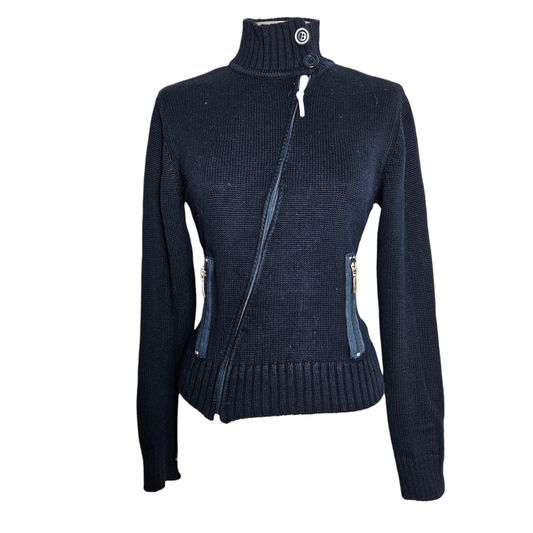Navy blue vintage knit jacket with asymmetrical zipper, fitted silhouette and minimalist y2k aesthetic, timeless and effortless by Lucid Dream 2007.