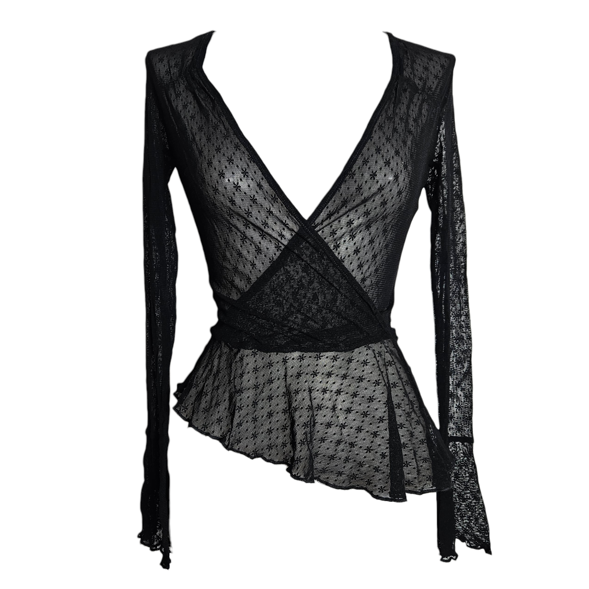 Black sheer wrap top with long sleeves and subtle textured pattern, gothic y2k fairycore mesh top by Lucid Dream 2007
