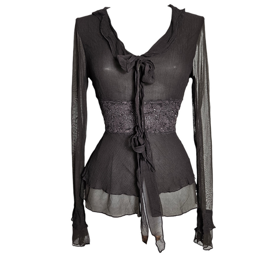 Sheer brown tie-front top with lace waist panel and flowing long sleeves, romantic y2k fairycore and whimsigoth blouse by Lucid Dream 2007