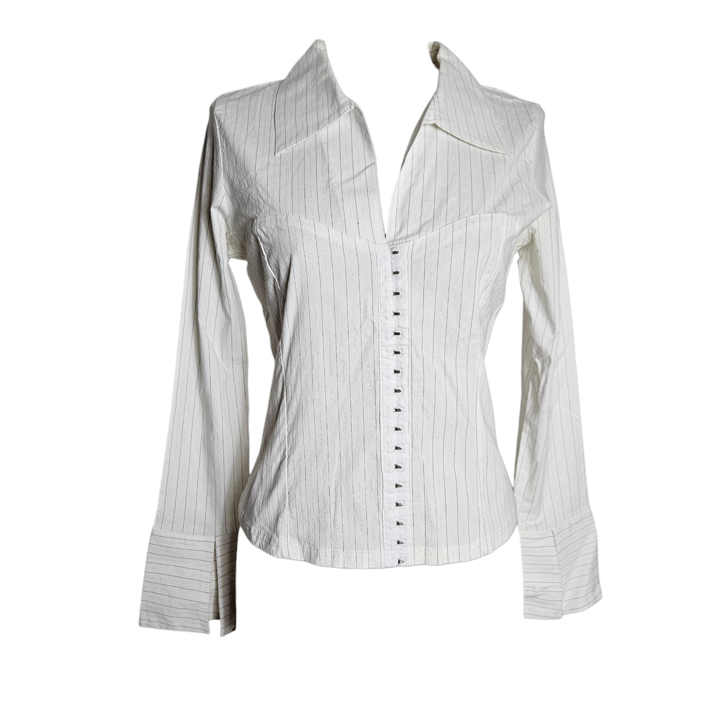 White fitted vintage blouse with subtle pinstripes, hook front closure and flared cuffs, elegant y2k romantic silhouette by Lucid Dream 2007