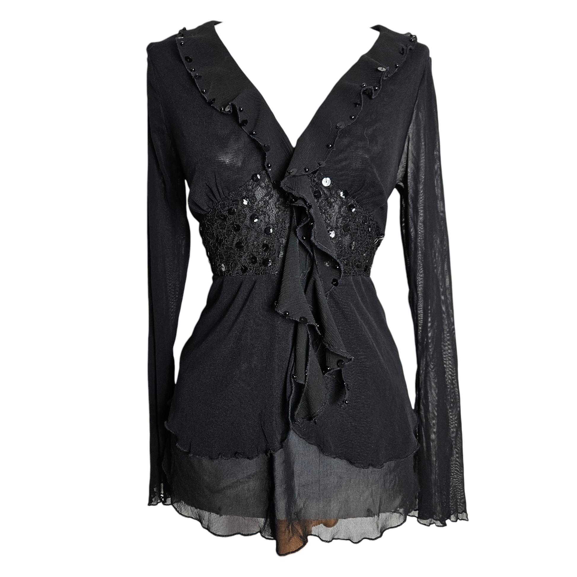 Black sheer vintage top with ruffled V neckline, lace waist detail and delicate beaded accents, dark fairycore y2k vibe by Lucid Dream 2007