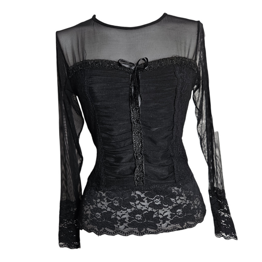 Black sheer lace long sleeve top with corset-style ruching and delicate details, dark fairycore and whimsigoth Y2K romantic aesthetic.
