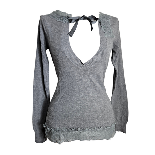 Grey knit long sleeve top with deep V neckline, lace trim details and delicate ribbon tie, soft fairycore and romantic Y2K aesthetic.