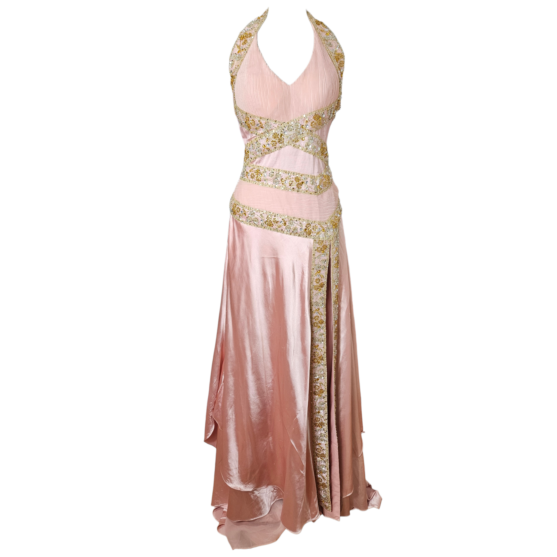 Pink vintage embellished evening gown with gold beaded details, halter neckline, open back and flowing skirt, fairycore prom dress by Lucid Dream 2007